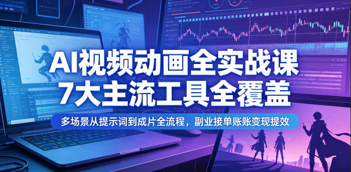 AI视频动画全实战课,7大主流工具全覆盖,多场景从提示词到成片全流程,副业接单账号变现提效_