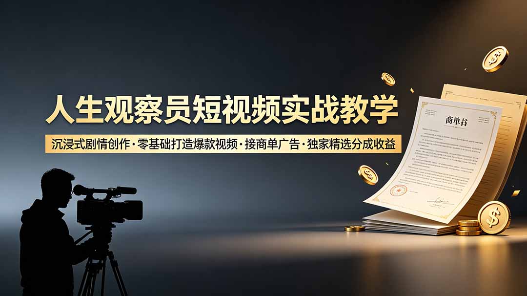 人生观察员短视频实战教学，沉浸式剧情创作，零基础打造爆款视频，接商单广告，独家精选分成收益_