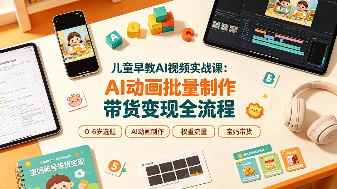 儿童早教AI视频实战课：0-6岁认知选题｜AI动画批量制作｜权重流量拉升｜宝妈账号带货变现全流程_
