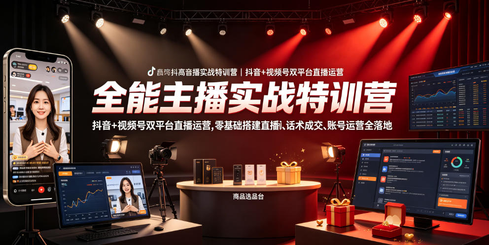 全能主播实战特训营|抖音+视频号双平台直播运营,零基础搭建直播间、精准选品、话术成交、账号运营全落地_