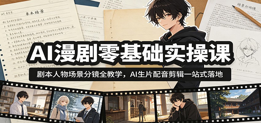 AI漫剧零基础实操课:剧本人物场景分镜全教学,AI生片配音剪辑一站式落地_