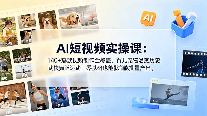 AI短视频实操课:140+爆款视频制作全覆盖,育儿宠物治愈历史武侠舞蹈运动,零基础也能批量产出_