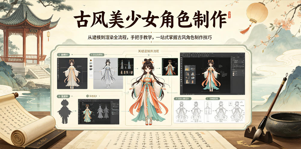 古风美少女角色制作,从建模到渲染全流程,手把手教学,一站式掌握古风角色制作技巧_