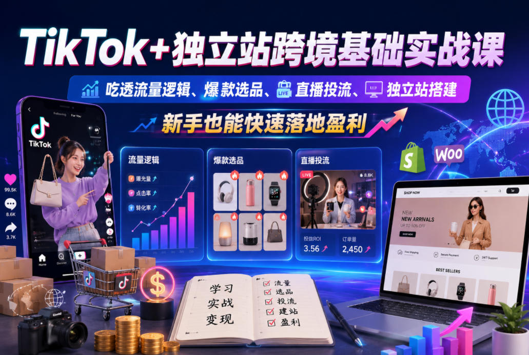 TikTok+独立站跨境基础实战课，吃透流量逻辑、爆款选品、直播投流与独立站搭建，新手也能快速落地盈利_