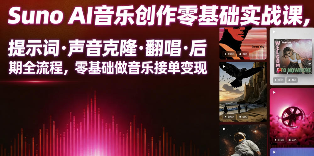 Suno AI音乐创作实战课,提示词・声音克隆・翻唱・后期全流程,零基础做音乐接单变现_
