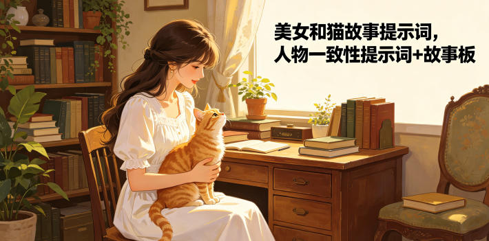 美女和猫故事提示词,人物一致性提示词+故事板_