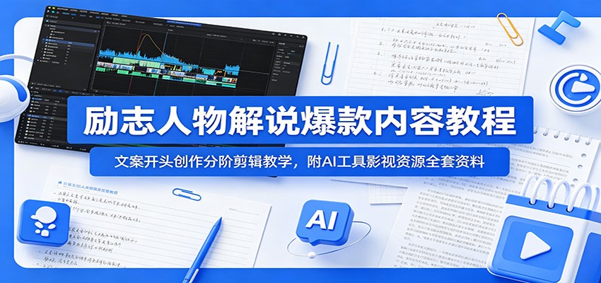 励志人物解说爆款内容教程:文案开头创作分阶剪辑教学,附AI 工具影视资源全套资料_