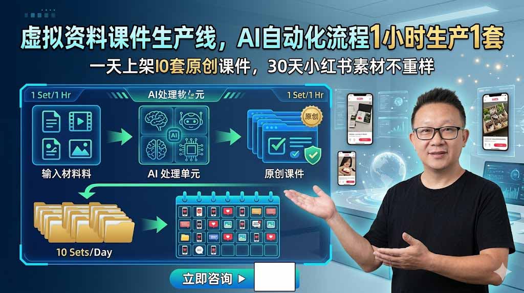 虚拟资料课件生产线，AI自动化流程1小时生产1套，一天上架10套原创课件，30天小红书素材不重样_