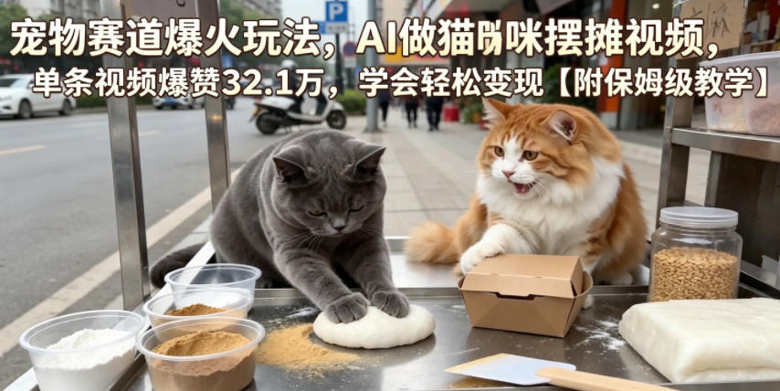宠物赛道爆火玩法,AI做猫咪摆摊视频,单条视频爆赞32.1万,学会轻松变现【附保姆级教学】_