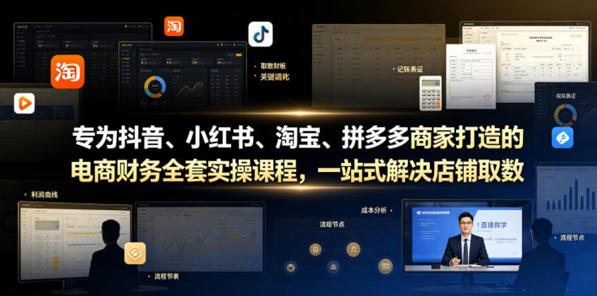 专为抖音、小红书、淘宝、拼多多商家打造的电商财务全套实操课程,一站式解决店铺取数、记账、报税全流程难题_