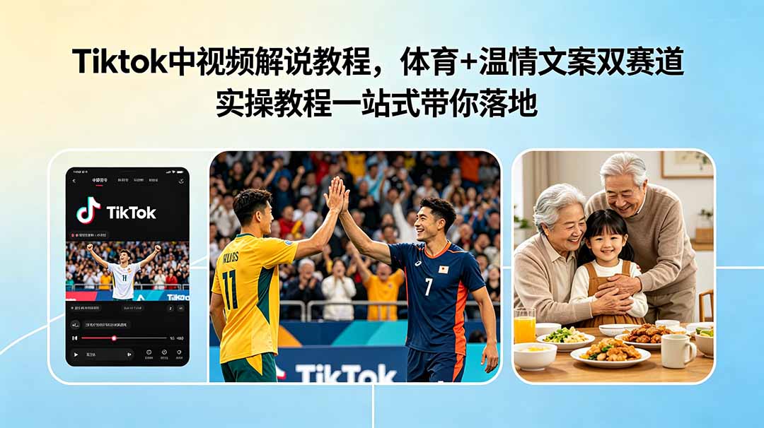 Tiktok中视频解说教程,体育+温情文案双赛道实操教程一站式带你落地_