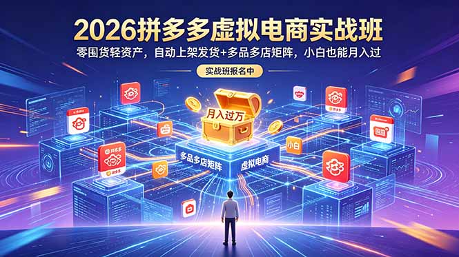 2026拼多多虚拟电商实战班:零囤货轻资产,自动上架发货+多品多店矩阵,小白也能月入过万_
