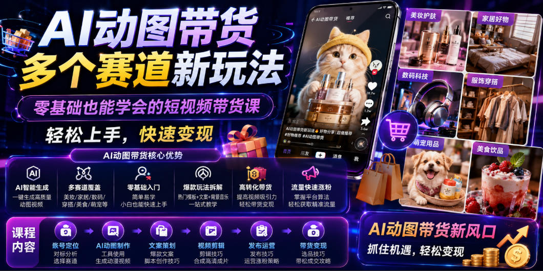 AI动图带货多个赛道新玩法,零基础也能学会的短视频带货课,轻松上手,快速变现_