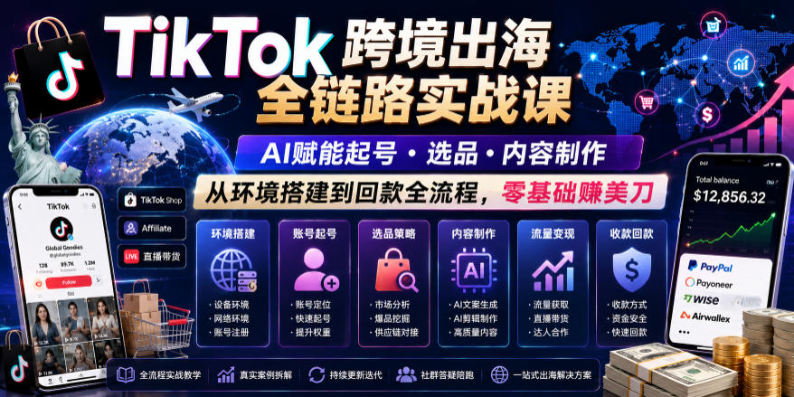 TikTok跨境出海全链路实战课,AI赋能起号・选品・内容制作,从环境搭建到回款全流程,零基础賺美刀_