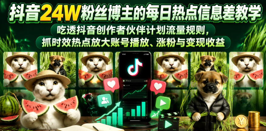 抖音24W粉丝博主的每日热点信息差教学，吃透创作者伙伴计划流量规则，抓时效热点放大账号播放、涨粉与变现收益_